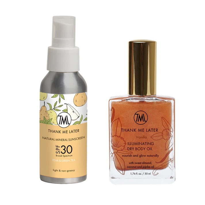 Thank Me Later Ultimate Duo Peer en Groene thee SPF 30 en Dry body Oil CFH Care For Hair